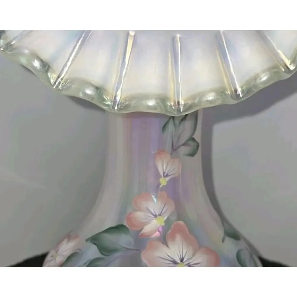Vintage Fenton Hand-Painted Opalescent Ruffled Glass Floral Vase Signed